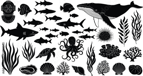 Large collection of marine life silhouettes including whale shark octopus and coral isolated on white for cad drawing flat vector illustration design