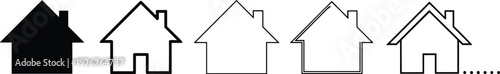 Set of five house icons with different line weights and solid fill isolated on white for real estate cad drawing flat vector illustration
