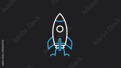Stylized Rocket Ship Illustration with Neon Blue and White Outline.