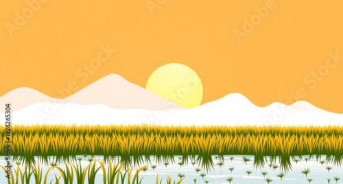ricefield, rice, paddy, mountains, mountain, landscape, illustration, background, nature, countryside, rural, agriculture, farming, terrace, terraced, valley, hills, greenery, green, fields, scenic, p