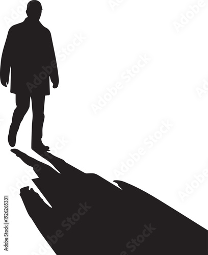 Man walking away with long dramatic shadow on ground vector illustration line art silhouette