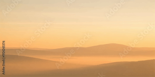 A breathtaking mountain landscape at dawn and dusk features a golden sun glowing over silhouetted hills under an orange sky filled with morning mist and evening clouds