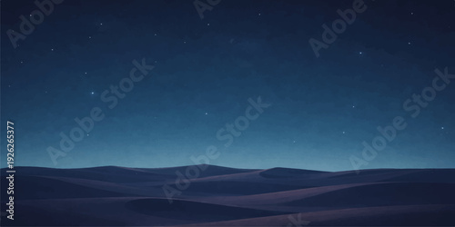 A vast landscape featuring a starry night sky with clouds over dark mountain hills at the horizon during the transition from evening light to deep space