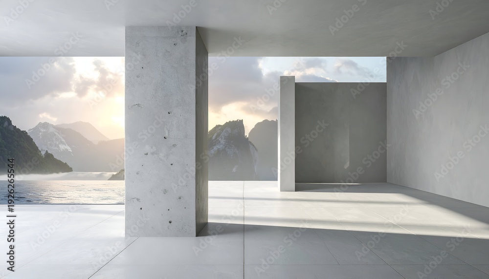 Fototapeta premium Modern concrete interior frames a serene sunrise vista over mist-shrouded mountains and water