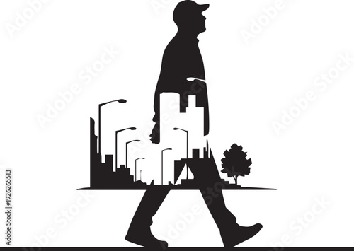 Silhouette of man walking past city skyline and streetlights vector graphic illustration