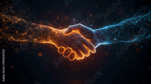 Handshake with glowing orange and blue network connections on dark background