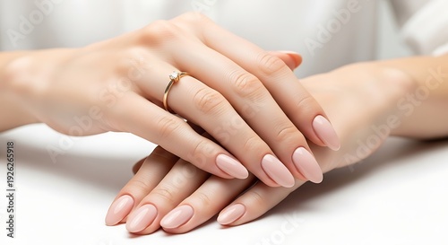 Wallpaper Mural Close-up view of a woman's hands showcasing a diamond engagement ring and manicured nails. Torontodigital.ca