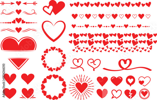 Collection of various red heart shapes and decorative elements for design purposes