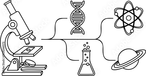 Black and white line art vector illustration of a science and research concept featuring a microscope connected to a DNA double helix, a chemistry flask, an atom, and a planet