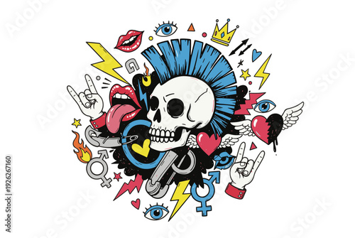 Bold pop art illustration featuring punk skull with mohawk hairstyle surrounded by lightning bolts, hearts, eyes, rock hand gestures and tattoo style elements.
