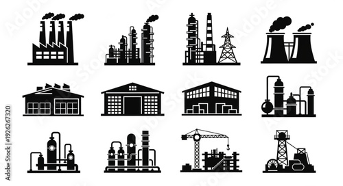 Industrial factory silhouettes representing various manufacturing and production facilities in black and white.
