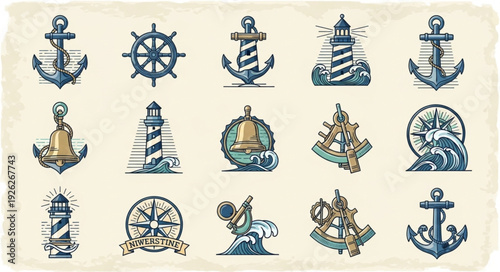 Collection of nautical themed illustrations featuring anchors, wheels, and lighthouses.