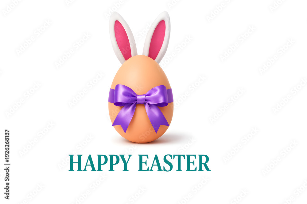 Fototapeta premium A light brown Easter egg adorned with pink bunny ears and a purple bow, with 'HAPPY EASTER' written below, isolated on white background