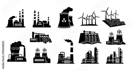 Industrial factory silhouettes representing power generation and manufacturing processes in various forms.
