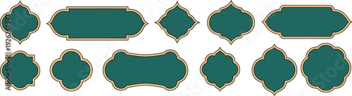 Islamic geometric frame collection in green and gold, ornamental Arabic label shapes set for Ramadan banner, wedding invitation, logo badge and decorative design