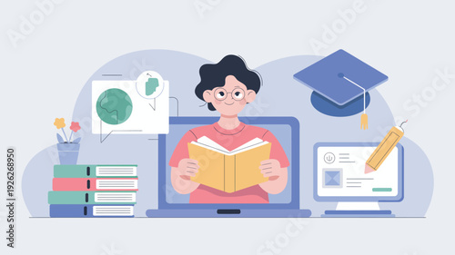 A cartoon woman is reading a book on a laptop surrounded by education and office supplies
