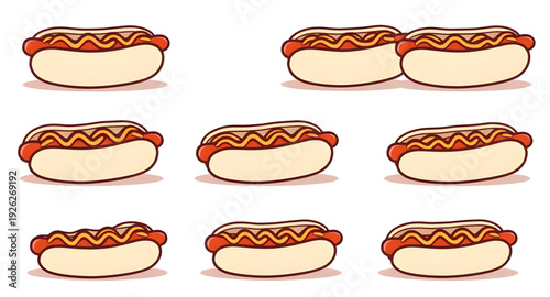 sausage, hotdog, bun, food, fastfood, snack, streetfood, cartoon, vector, illustration, icon, isolated, white, tasty, yummy, meal, picnic, grill, barbecue, ketchup, mustard, topping, simple, flat, cut