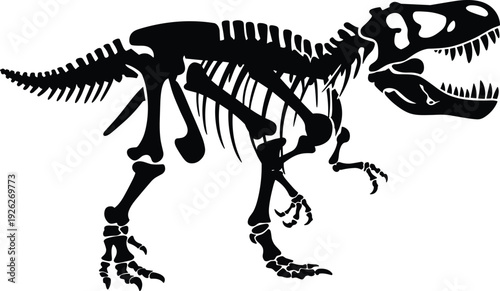 Black silhouette of a Tyrannosaurus Rex skeleton, prehistoric dinosaur fossil icon for paleontology and ancient history