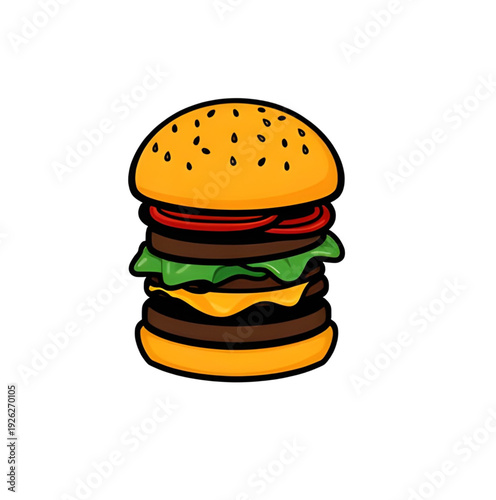 hamburger, burger, fastfood, food, cartoon, illustration, vector, icon, isolated, cute, bun, patty, cheese, lettuce, tomato, sesame, tasty, yummy, meal, snack, lunch, dinner, junkfood, cafe, restauran