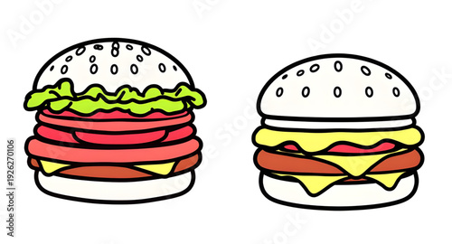 burger, hamburger, food, fastfood, cartoon, illustration, cute, vector, icon, isolated, bun, patty, cheese, lettuce, tomato, sesame, tasty, yummy, meal, snack, lunch, dinner, junkfood, cafe, restauran