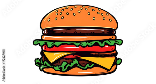 burger, hamburger, food, fastfood, cartoon, illustration, cute, vector, icon, isolated, bun, patty, cheese, lettuce, tomato, sesame, tasty, yummy, meal, snack, lunch, dinner, junkfood, cafe, restauran