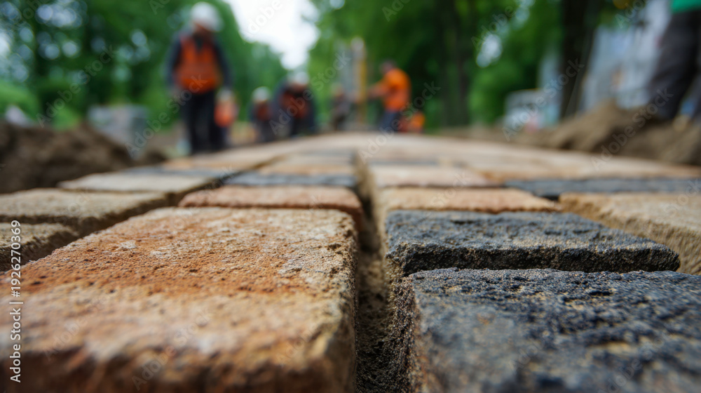 Naklejka premium Construction workers installing brown and gray bricks on a walkway outdoors with blurred trees and safety-vest-clad workers in the background during daytime