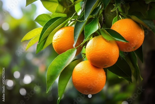 Fresh ripe oranges hanging from a tree branch with green leaves