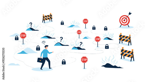 Determined businessman walking through a difficult path filled with barriers, locks, and stop signs towards a target for success.