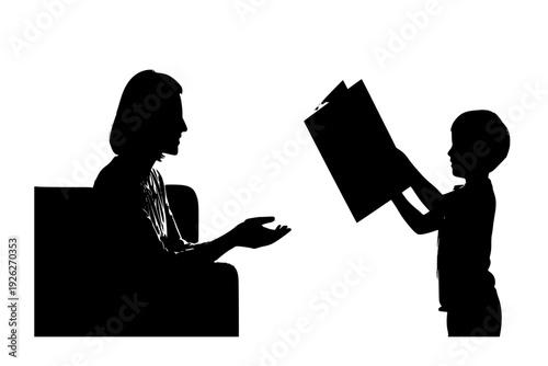 Child Giving Homemade Card to Mother Silhouette Vector for Mother’s Day Celebration and Heartfelt Gift