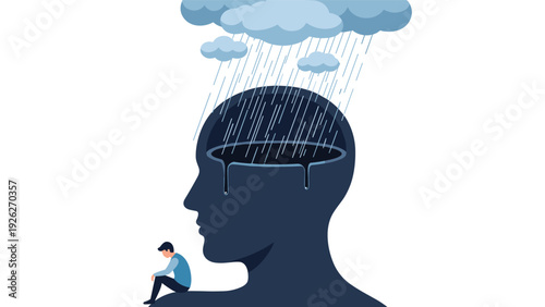 Depressed man sitting on his own shoulder while his large head is filled with rain from a dark cloud representing sadness and mental health.