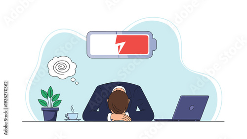 Exhausted businessman sleeping on his office desk under a low red battery icon representing burnout and lack of energy at work.
