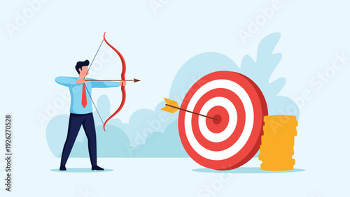 Ambitious businessman aims his bow and arrow at a bulls eye target to achieve financial goals and business success with coin stacks.