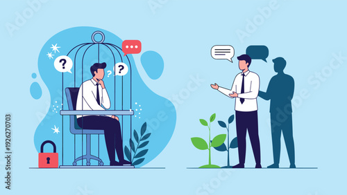Visual comparison features a man trapped in a bird cage of fear versus a man standing confidently with a shadow to represent growth.