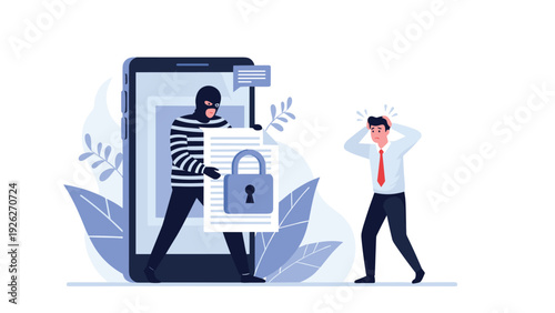 Cybercriminal thief emerges from a large smartphone to steal a locked private document from a worried businessman for security concept.