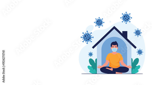 Man in a mask meditates peacefully inside a house silhouette to stay healthy and mindful while surrounded by virus particles outside.