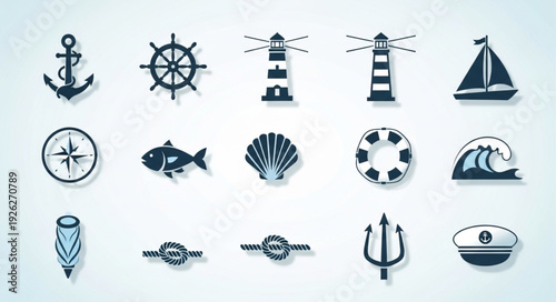 Collection of nautical themed icons representing various maritime elements and symbols.