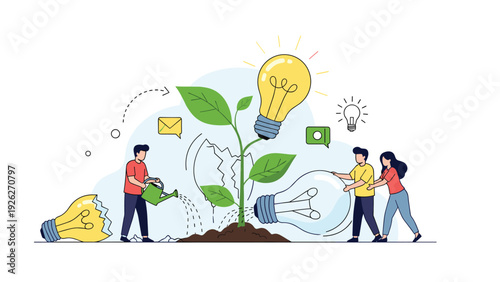 Group of innovators plant a glowing lightbulb seedling to symbolize the birth of new ideas and creative business solutions from failure.