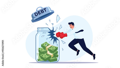 Athletic businessman wearing red boxing gloves punches and breaks a glass jar filled with cash to escape the heavy lid labeled as financial debt.