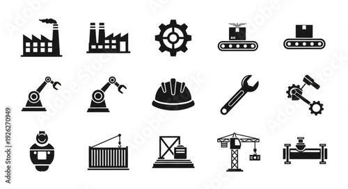 Industrial factory production line icons representing manufacturing and engineering.