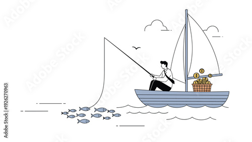 Professional businessman sits in a wooden sailboat using a rod to catch small fish while a basket on deck overflows with gold coins and wealth.