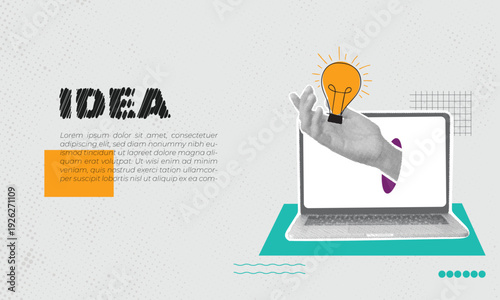 Trendy Halftone Collage Laptop and Hand holds lightbulb. 