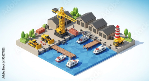 Industrial Harbour with Crane and Boats.