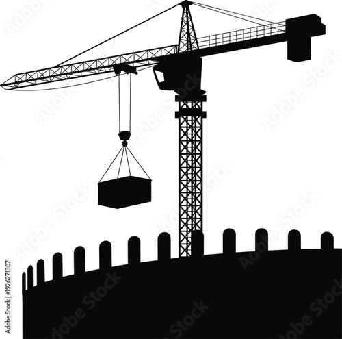 Tower crane lifting concrete block on construction site, industrial building development silhouette isolated black vector illustration