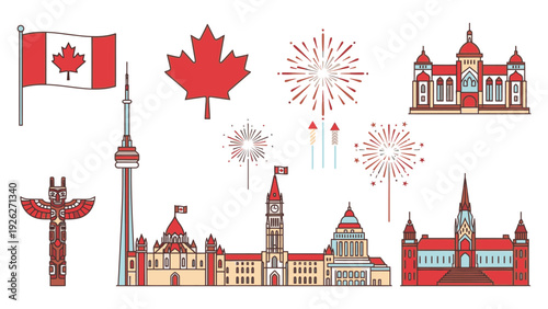 Illustration of Canadian landmarks and symbols including a flag, maple leaf, fireworks, totem pole, and city skylines on a white background with red, white, and brown colors.