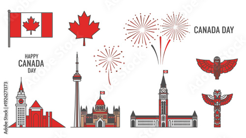 Flat lay of various Canada Day graphics and landmarks on a white background with red and white color scheme.