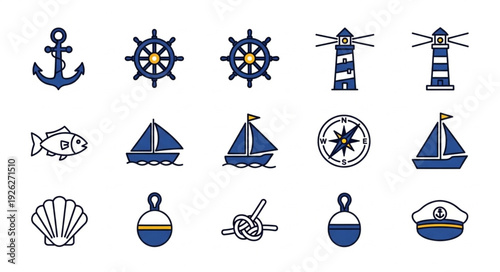 Collection of nautical themed icons representing various maritime elements and symbols.