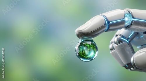 Sleek robotic finger with a pure water drop reflecting a miniature green forest. AI environmental sustainability and conservation concept with copy space.