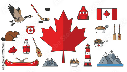 Flat lay composition of various iconic Canadian symbols and objects on a clean white background.