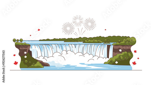 Illustration of a serene waterfall cascading over a cliff with lush greenery and vibrant red flowers against a white background.