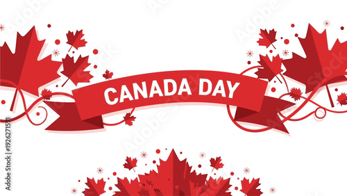 Red Canada Day banner with maple leaves on white background, decorative ribbon and scattered leaves.